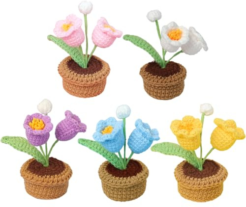 YANGSHINE 5 Pezzi Fiori a Crochet Finiti Lana di Lana Fatta a Mano Artificiale Fiore in Maglia a Crochet Mughetto del Bosco Piante in Vaso per Decorazione Casa Ufficio Cruscotto Auto, Orchidea a