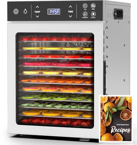 HOPERAN Food Dehydrator - 12 Stainless Steel Trays Dehydrators, 800W Electric Dehydrator Machine with 4 Presets, Digital Timer & Temperature Control for Herb, Dog Treats,Meats & Veggies (12 Trays)