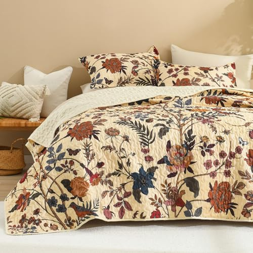 Litanika Floral Beige Quilt King Size - 3 Pieces Summer Botanical Birds Pattern Quilt Bedding, Lightweight Soft Coverlet for All Seasons (106x96)