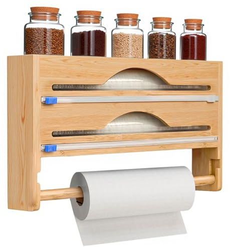 Taylor & Brown Wall Mounted Bamboo Cling Film Dispenser and Cutter with Kitchen Roll Holder, Foil Dispenser Organiser With Paper Holder Compatible with 12'' Rolls or Lower Rolls, Natural
