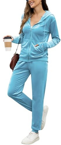 ouansyltg Sweatsuits for Women Zip Up Hoodie Sweat Suit Velour Tracksuit Jogging Set with Zipper Light Blue S