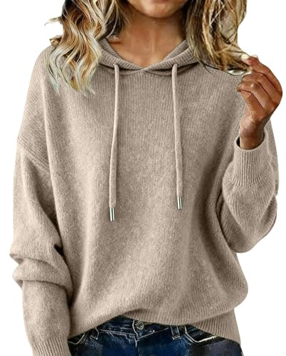 Womens Cable Knit Jumper, Cashmere Sweater for Women Warm Knitted Jumper Hoodie Long Sleeve Relaxed Fit Soft Plain Hoody Knitting Pullover Sweatshirts Fall Winter Dress Elegant Jumper Tops Cream