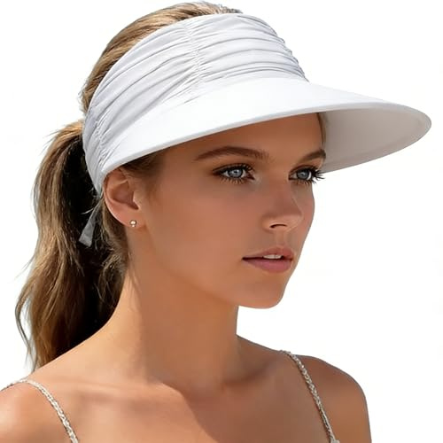 KXF Sun Visors Hat for Women Wide Brim Beach Hat Foldable Visor Hat Cap Ponytail Summer Packable UPF 50+ Adjustable Stretchy