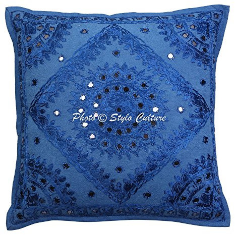 Stylo Culture Indio Fundas Almohadones Decorativa 40x40 cm Algodón Espejado Fundas para Cojines Silla Azul 16x16 Inch Bordado Cuadrado sobre Fundas para Almohadas De Cama - 1 Pc