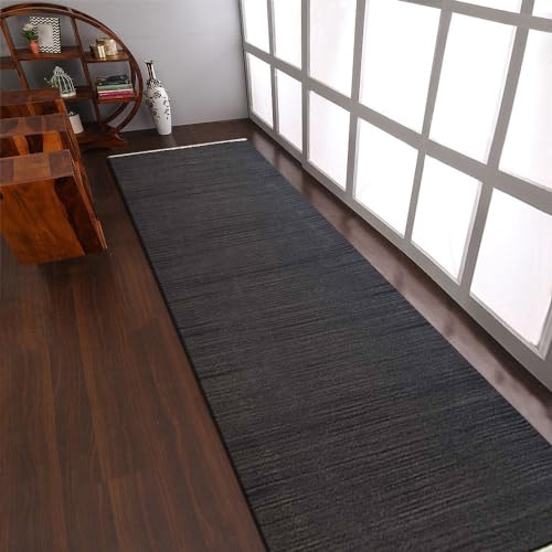 Rugsotic Carpets Hand Woven Flat Weave Kilim Wool 2'6''x6' Runner Area Rug Solid Charcoal D00111
