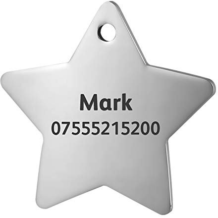 Personalisiert Haustier ID Tag Hund Mit Katzen Tag mit Gravur Service Hundemarke Anhaenger aus Edelstahl (Stern, Silber)