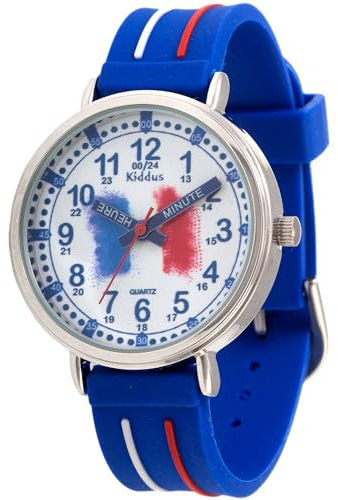 Kiddus Lernuhr Kinder, Analoge Armbanduhr ab 5 Jahren, Jungen Mädchen | Erste Lern-Armbanduhr, Blau, 3ATM nur für Spritzwasser, klassische Zeiger und große Zahlen