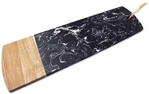 bar@drinkstuff Black Marble & Acacia Serving Board 60 x 20cm – Large Rectangular Cheese Board, Charcuterie Platter, Marble & Wood Serving Tray for Food Presentation Kitchen & Dining