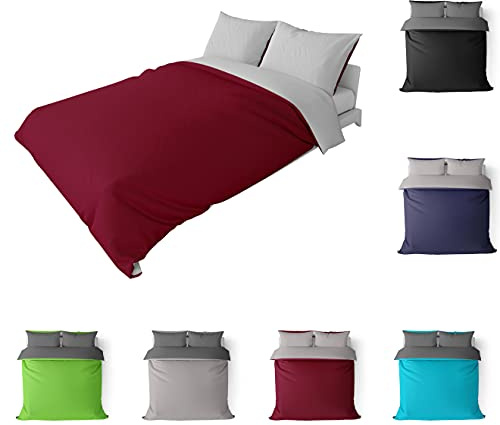 BaSaTex Bettwäsche Set, 200x220 + 2X 80x80 cm, Uni Silber-Grau/Bordeaux-Rot | Bio-Renforcé, Baumwolle, Reißverschluss, Kissenbezug, 100% Bio