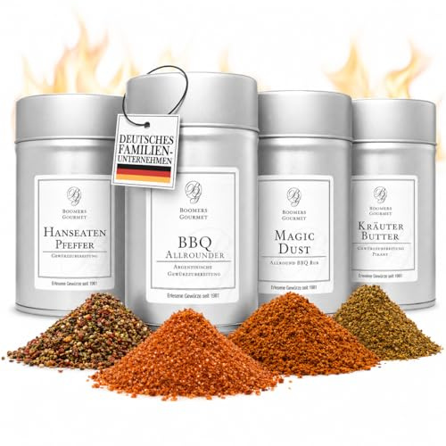 Boomers Gourmet - Grillgewürze Geschenkset Männer | BBQ Gewürze Set 4er mit Magic Dust Rub, Kräuterbutter, BBQ Allrounder & Hanseaten Pfeffer | Grill Geschenke für Männer | 450g