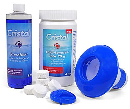 Cristal Chlor-Langzeit-Tabs 20 g + Klareffekt + Dosierschwimmer | Langsam lösliche Chlortabs zur Langzeitdesinfektion | Sehr hoher Aktivchlorgehalt | Dosierung über Skimmer Stabilisator | 1 Kg