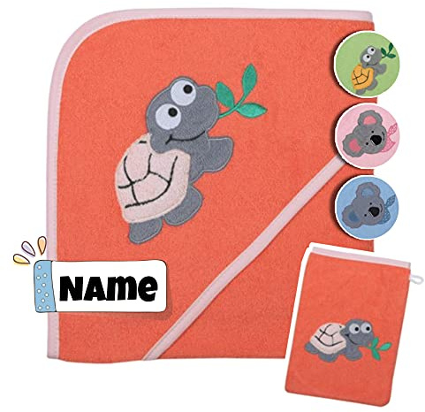 Stickling Baby Kapuzenhandtuch Set mit Waschlappen | 100% Bio Baumwolle | Baby Handtuch 80 x 80 cm Kapuzenbadetuch | personalisiert mit Name | Baby Badetuch Bestickt mit Namen (Schildkröte Orange)