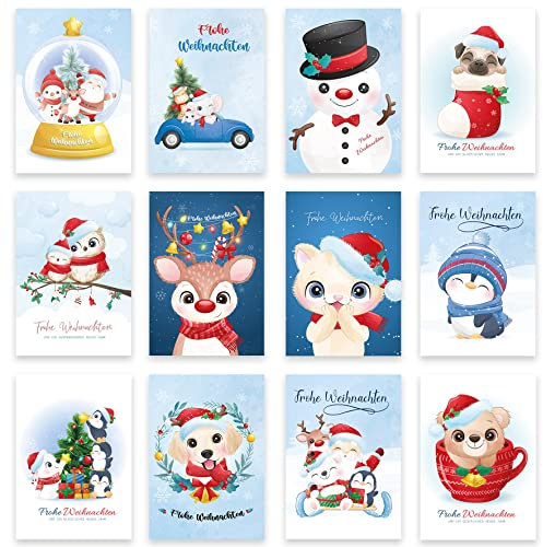 12 Weihnachtskarten Set Klappkarten mit Umschlägen Karte Karten Umschlag glanz Frohe Weihnachten Merry Christmas xmas Hellblau Blau süß Tiere Tiermotive Geschenk Weihnachtsgrüße