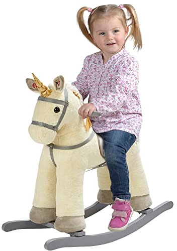 BAKAJI Unicorno Cavallo a Dondolo Giocattolo Cavalcabile per Bambini con Suoni Realistici e Struttura in Legno e Tessuto Peluche Giochi Prima Infanzia Dimensione 74 x 30 x 64 cm (Beige)