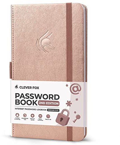 Clever Fox Password Book 2nd Edition – Hardcover Password Keeper with Laminated Alphabetical Tabs – Internet Address Notebook & Login Details Organizer Journal – 10.4x19.3cm (Rose Gold)