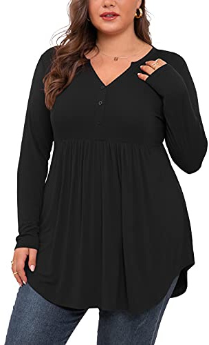 SHIJIALI Women's Plus Size Henley Shirts V Neck Button Tunic Tops Casual Long Sleeve Swing Flowy Blouse Black-3X-Large