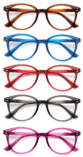 COJWIS Reading Glasses Blue Light Blocking 5 Pack Spring Hinge Fashion Readers for Men and Women Anti Glare Filter Eyeglasses (143-1 5C, 3.00)