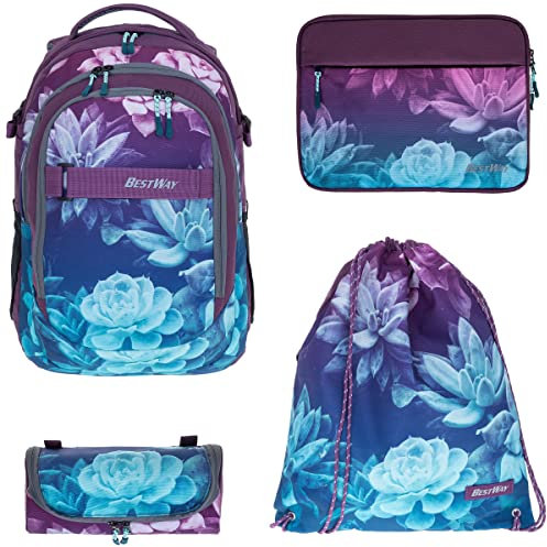 Bestway Schulrucksack 4 Teile Set Jungen Mädchen Evolution Packer Evo Schulmappe Rucksack Schultasche Laptoprucksack Schule 40177 Sportbeutel, Mäppchen, Laptop Hülle +rsm lh (Dark Flower 5821)