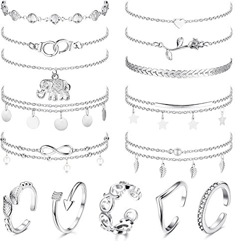 Dochais 15-24 Stück Glänzende Silber Fußkettchen mit Strass Wasserdicht Boho Verstellbare Sommer Fußkettchen Damen Fußkette Vintage Perlen Fussketten, 21cm (15 Stück, B)