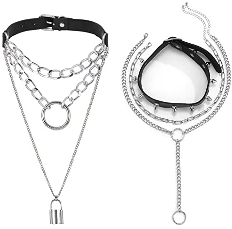 JewelryWe Schmuck Punk Leder Halsband Damen Gothic Choker Halskette Halsreif Verstellbarer Choker Kragen Kette Lederband für Frau Mädchen Schwarz