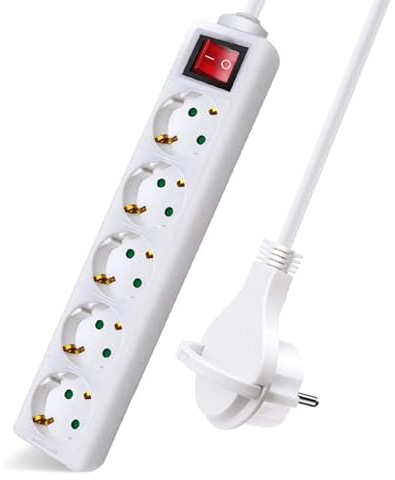 EXTRASTAR Regleta Alargador con 5 Enchufes e Interruptor, Cable 1.5M Clavija Plana, para el hogar, Oficina y Viajes, 16A, 250V, 3680W, Blanco