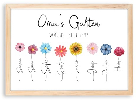 Omas Garten Bild Schild personalisierbar mit Blumen und Namen | Geschenk für Großeltern | bunt und individuell | optional mit Rahmen | Überraschung von Enkelkinder