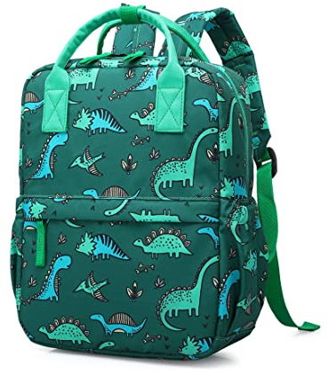 KingCheer Cute Preschool Backpack Toddler School Book Bag for Girls Boys Kids Kindergarten Nursery Travel Bag with Chest Strap(12inch, Green Dinosaur)