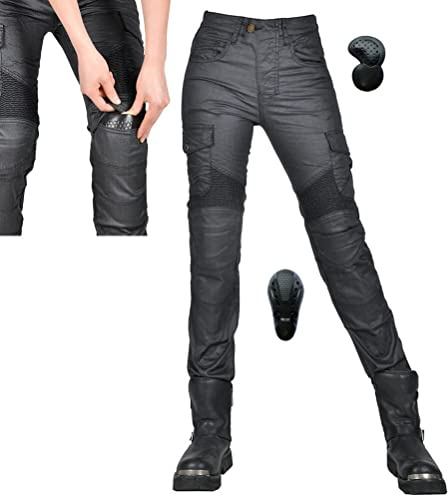 Coated Waterproof Slim Fit Motorcycle Riding Protective Pants for Women with 4 x CE Armor Stretch Motocross Racing Jeans XXS Black