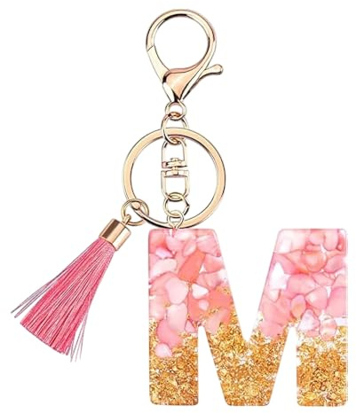 Rohans Rosa und Gold Harz Alphabet Anfangsbuchstabe Schlüsselanhänger, Taschenanhänger, Schlüsselring mit Karabinerverschluss (M)