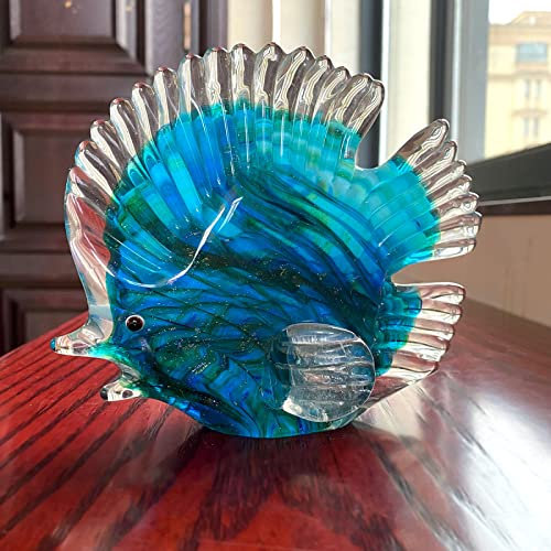 DECRZPB Farbige Glasur-Kunst Blauer Fisch tropischer Fisch Glasfigur handgefertigt mundgeblasenes Glas Briefbeschwerer Geschenk für Geburtstag Heimdekoration Tischdekoration