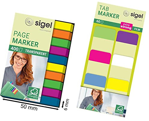 SIGEL HN617 Haftmarker, 400 transparente reißfeste Textstreifen, extra schmale Streifen 6 x 50 mm, 5 Farben & SIGEL HN203 Tab Marker, extra starke Haftmarker, 25 x 38 mm, 60 Streifen