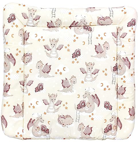 TupTam Baby Wickeltischauflage mit Baumwollbezug Gemustert, Farbe: Dino Bärchen Braun Gelb, Größe: 70 x 70 cm