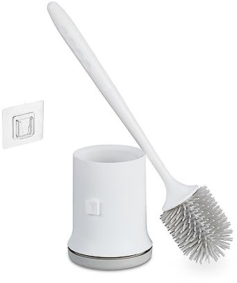 Relaxdays Toilettenbürste mit Wandhalterung, schnelltrocknend, WC-Bürste, Behälter, ohne Bohren, Kunststoff, weiß-grau
