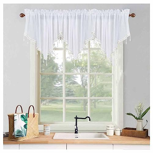 SHTGOI Scheibengardine Dreieck Fenster Vorhang Kleinfenster Vorhang Voile Bistrogardinen mit Perlen Quasten Deko Raffvorhang Kurzes Vorhang-Panel für Küche Schlafzimmer Wohnzimmer 130 * 60cm Weiß