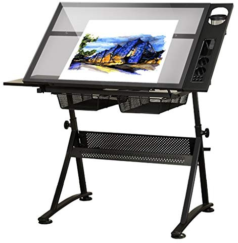 YSoLda Neigbarer Zeichentisch, Verstellbarer Kunstschreibtisch mit Stauraum, Basteltisch, Glassplatte, für Kinder und Erwachsene Beautiful Scenery