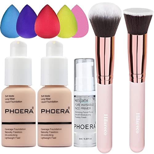 PHOERA Fond de Teint Couvrant Et Face Primer Liquide Couverture Complète Foundation Correcteur,Pinceaux Fond de Teint Et Pinceau Poudre,5 Éponges de maquillage (101+102/Porcelain+ Nude)