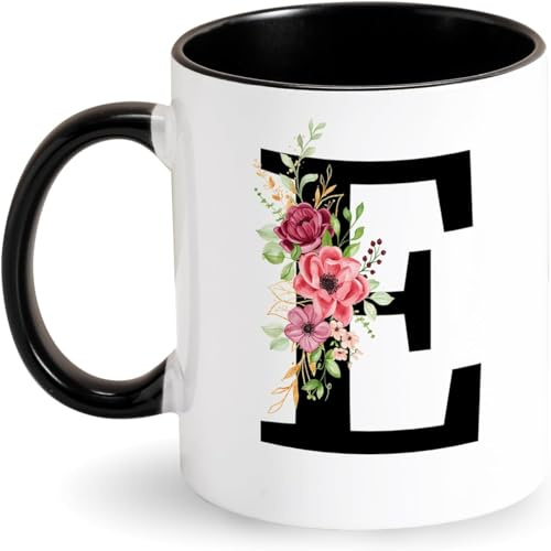 Personalisierte Tasse Buchstabe Kaffeetasse - Alphabet Keramiktasse - Tasse mit Blumen Initial - Schwarz Anfangsbuchstaben Geschenke für Freund Kollegin Frauen Gattin Geburtstag Muttertagsgeschenk(E)