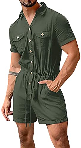 Arbeitsoverall Herren Schwarz Leinen：Overall Herren Arbeitskleidung Jumpsuit Mit Kordelzug Taille Arbeitslatzhosen Hohe Qualität Freizeitanzug Fashion Body Kurzarm Atmungsaktive Streetwear Leicht
