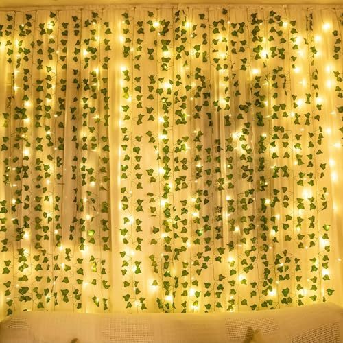 yowin Vines with Fairy Lights 10M 100 LED Ivy Fairy Lights Battery Operated with Remote, 8 Modes Artificial Ivy Garland Waterproof Christmas Lights Leaf Lights for Bedroom Wall Garden Decorations