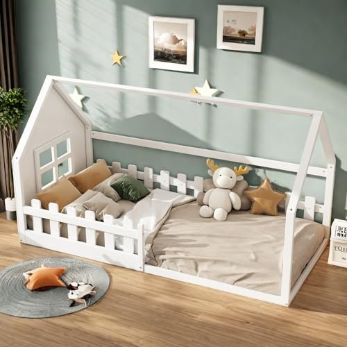 Sapgaks 90x200cm Flachbett,Kinderbett,Hausbett mit Dach und Fenster,Hausleiste,weiß
