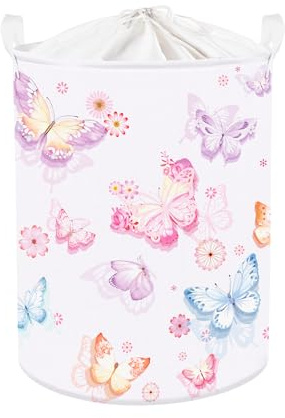 Clastyle Groß Lila Hübsch Schmetterling Kinder Wäschekorb mit Deckel für Jungen Kleidung Spielzeug Aufbewahrungskorb für Kinderzimmer Bad, 36x45 cm