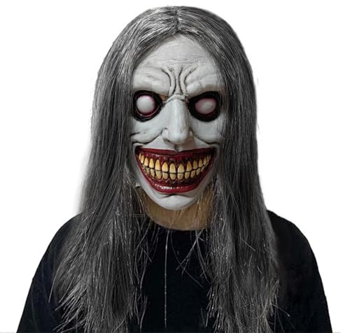 OPAHUTER Halloween Maske aus Latex, gruselige Horrormaske Alte Hexe mit Haaren, lächelnde Demon Maske für die Halloween-Kostümparty