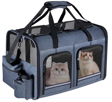 Groxkox Cat Carrier for 2 Cats, Foldable Double Cat and Dog Carrier, Small to Medium Size, 2 Front Zippered Compartments,Two Pets Carrier for Outdoor Travel,Mulitple Cat Carrier, Grey