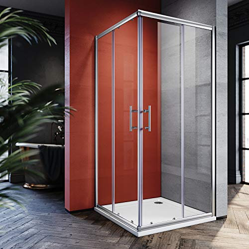 SONNI Cabine de douche d'angle 90 x 90 cm avec receveur de douche en verre de sécurité, porte coulissante