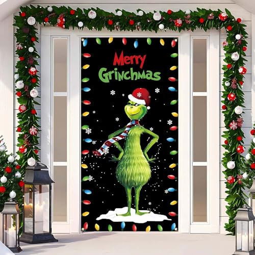 JClorix Grinch Weihnachts Türabdeckung Dekoration, Weihnachtsmann Banner für Haustür, Veranda, Balkon, Grinch Weihnachtsdeko mit Klettverschluss, Weihnachtsbanner für Weihnachten Deko