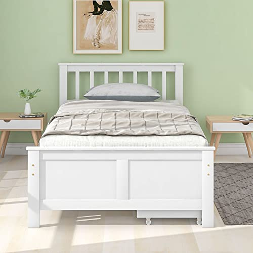 (90 x 200 cm), cama individual, de madera, cama juvenil, cama para adultos, con cajones para almacenamiento, marco de madera de pino, color blanco