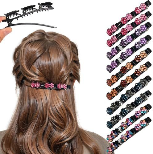 Doppelschicht Haarspange, 10 Stück Glitzernde Kristallsteinen Geflochtene Haarspangen, Elegante Haarstyling Clips mit 3 Mini Haarspangen, Kolibri Haarspange für Damen und Mädchen