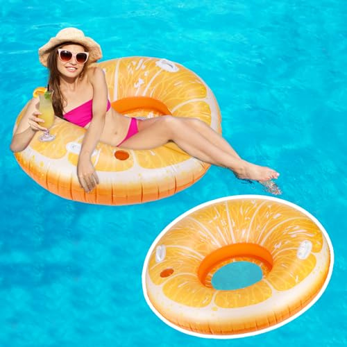 CYFIE Luftmatratze Pool Erwachsene,Aufblasbarer Wasserhängematte,Pool Luftmatratze Sonnenbaden mit Getränkehalter,Durchmesser 110cm,Orange