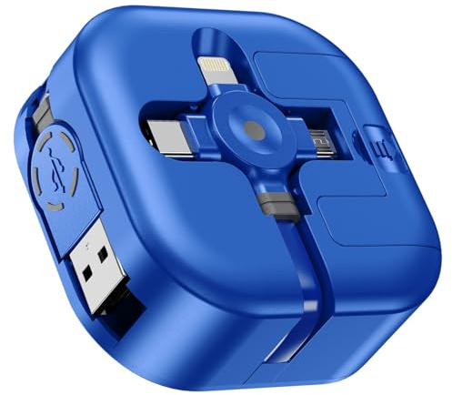 ASICEN Indragbar multi-USB-kabel [4,5 A 1,2 m] 4-i-1 multisnabbladdningskabel, universal flera kablar med iP/typ C/Micro USB för iPhone 16/15/14/13/Samsung Galaxy/Pixel/Sony/LG/HTC/surfplattor (blå)