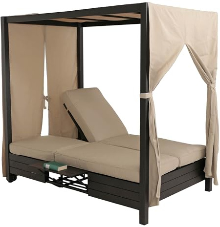 Mendler Aluminium Lounge-Gartenliege HWC-O18 schwarz, Kissen Creme | XL, Sonnenliege, Bali-Liege, Daybed, 10cm-Polster, 193x126x204cm